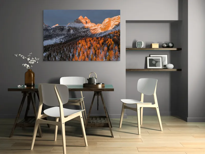 Tablou Canvas, "Munți strălucind în lumina apusului", Munți, Zăpadă, Pădure, Apus, Lumini, Umbre, Cer, Vârfuri, Natură, Pitoresc., 150 x 100 cm – poza 5