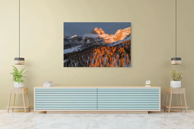 Tablou Canvas, "Munți strălucind în lumina apusului", Munți, Zăpadă, Pădure, Apus, Lumini, Umbre, Cer, Vârfuri, Natură, Pitoresc., 150 x 100 cm – poza 6