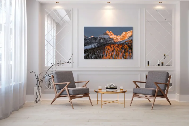 Tablou Canvas, "Munți strălucind în lumina apusului", Munți, Zăpadă, Pădure, Apus, Lumini, Umbre, Cer, Vârfuri, Natură, Pitoresc., 150 x 100 cm – poza 7