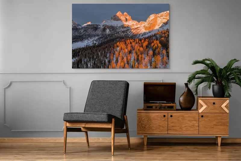 Tablou Canvas, "Munți strălucind în lumina apusului", Munți, Zăpadă, Pădure, Apus, Lumini, Umbre, Cer, Vârfuri, Natură, Pitoresc., 150 x 100 cm – poza 8