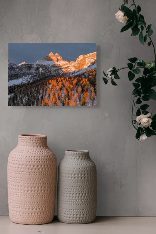 Tablou Canvas, "Munți strălucind în lumina apusului", Munți, Zăpadă, Pădure, Apus, Lumini, Umbre, Cer, Vârfuri, Natură, Pitoresc., 54 x 39 cm – poza 8