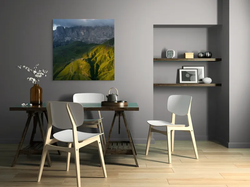 Tablou Canvas, "Lumina de seară în munți verzi", Nor, Munți, Pante, Drumul, Umbre, Apus, Verdeață, Peisaj, Măreție, Răsărit, 100 x 100 cm – poza 6