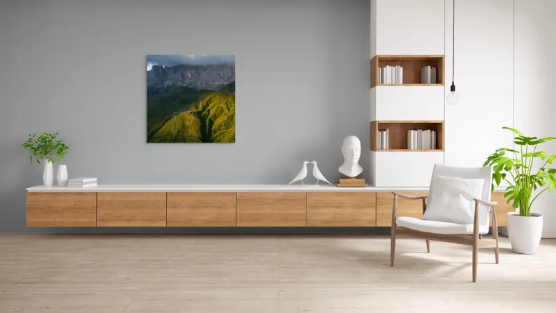 Tablou Canvas, "Lumina de seară în munți verzi", Nor, Munți, Pante, Drumul, Umbre, Apus, Verdeață, Peisaj, Măreție, Răsărit, 100 x 100 cm – poza 8