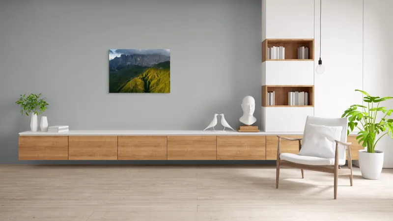 Tablou Canvas, "Lumina de seară în munți verzi", Nor, Munți, Pante, Drumul, Umbre, Apus, Verdeață, Peisaj, Măreție, Răsărit, 100 x 70 cm – poza 6