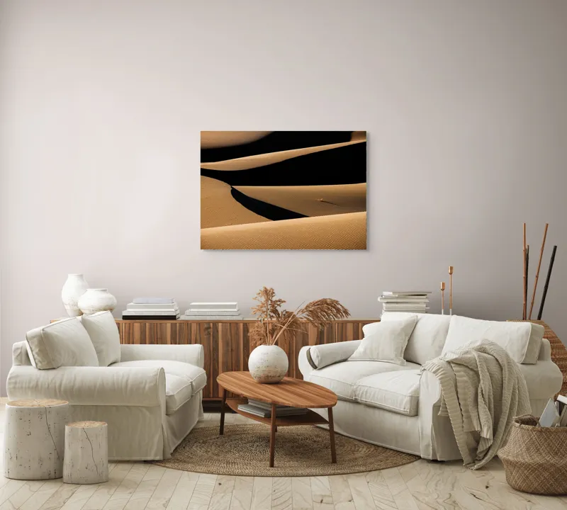 Tablou Canvas, "Umbrele nisipului în lumina apusului", Onduleuri, Nisip, Umbre, Texturi, Dune, Linii, Lumini, Peisaj, Armonie, 100 x 70 cm – poza 3