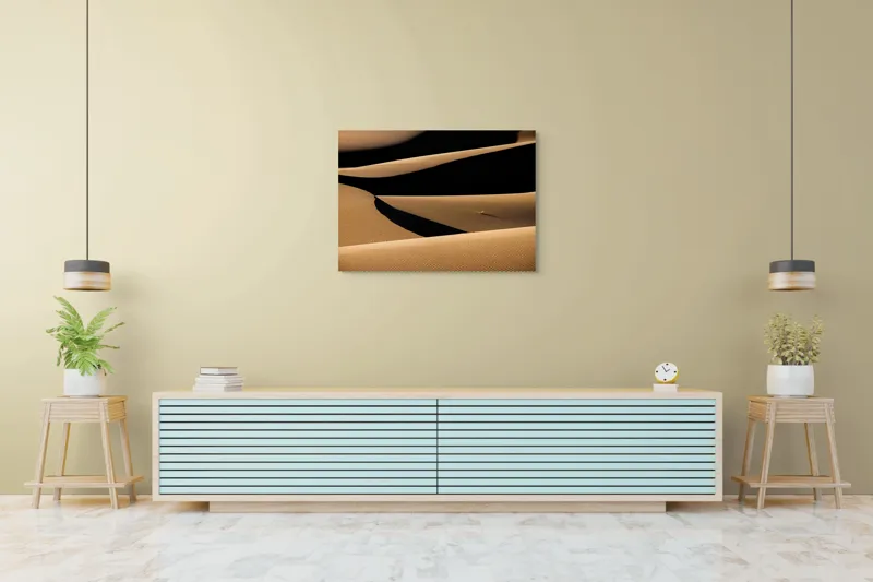 Tablou Canvas, "Umbrele nisipului în lumina apusului", Onduleuri, Nisip, Umbre, Texturi, Dune, Linii, Lumini, Peisaj, Armonie, 100 x 70 cm – poza 4