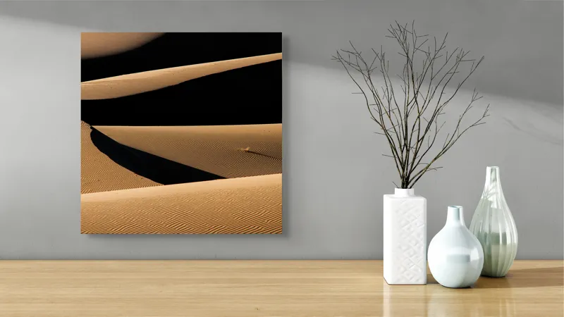 Tablou Canvas, "Umbrele nisipului în lumina apusului", Onduleuri, Nisip, Umbre, Texturi, Dune, Linii, Lumini, Peisaj, Armonie, 50 x 50 cm – poza 3