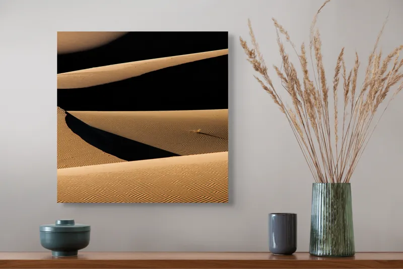 Tablou Canvas, "Umbrele nisipului în lumina apusului", Onduleuri, Nisip, Umbre, Texturi, Dune, Linii, Lumini, Peisaj, Armonie, 50 x 50 cm – poza 4
