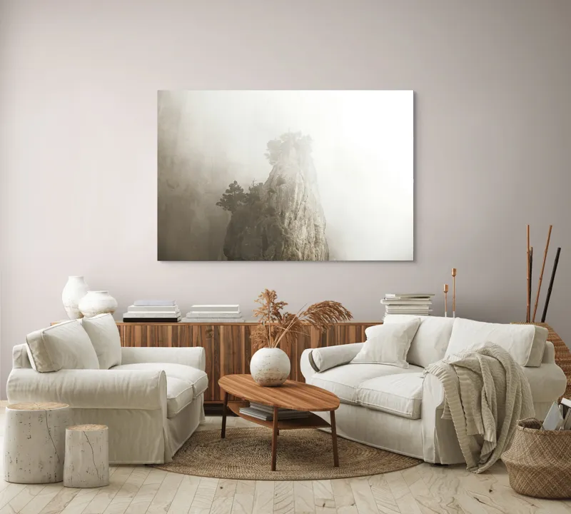 Tablou Canvas, "Vârf de stâncă în ceață densă", Piatra, Ceață, Copaci, Mister, Înălțime, Natură, Calm, Singurătate, Seninătate, Eleganță, 150 x 100 cm – poza 3