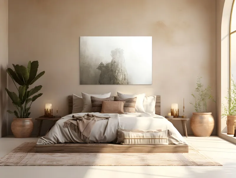 Tablou Canvas, "Vârf de stâncă în ceață densă", Piatra, Ceață, Copaci, Mister, Înălțime, Natură, Calm, Singurătate, Seninătate, Eleganță, 150 x 100 cm – poza 4
