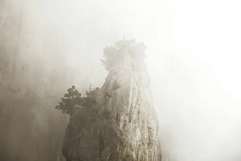 Tablou Canvas, "Vârf de stâncă în ceață densă", Piatra, Ceață, Copaci, Mister, Înălțime, Natură, Calm, Singurătate, Seninătate, Eleganță, 150 x 100 cm – poza 2
