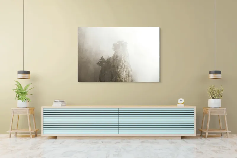 Tablou Canvas, "Vârf de stâncă în ceață densă", Piatra, Ceață, Copaci, Mister, Înălțime, Natură, Calm, Singurătate, Seninătate, Eleganță, 150 x 100 cm – poza 6