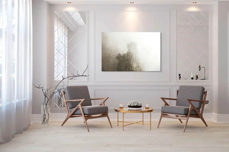 Tablou Canvas, "Vârf de stâncă în ceață densă", Piatra, Ceață, Copaci, Mister, Înălțime, Natură, Calm, Singurătate, Seninătate, Eleganță, 150 x 100 cm – poza 7