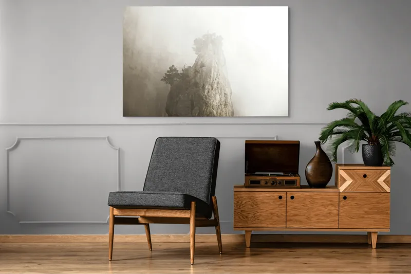 Tablou Canvas, "Vârf de stâncă în ceață densă", Piatra, Ceață, Copaci, Mister, Înălțime, Natură, Calm, Singurătate, Seninătate, Eleganță, 150 x 100 cm – poza 8