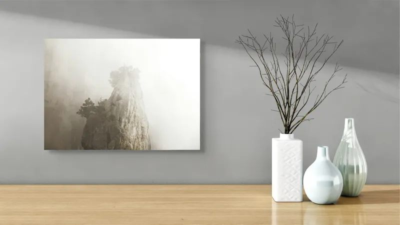 Tablou Canvas, "Vârf de stâncă în ceață densă", Piatra, Ceață, Copaci, Mister, Înălțime, Natură, Calm, Singurătate, Seninătate, Eleganță, 54 x 39 cm – poza 3