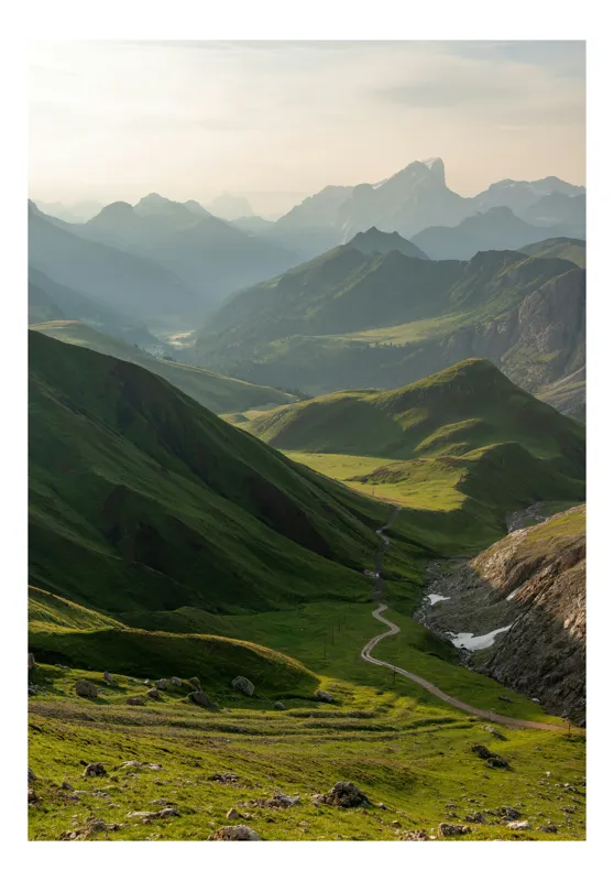 Tablou Canvas, "Poteca de vis printre munți verzi", Peisaj, Munți, Văi, Verdeață, Cărare, Cer, Liniște, Natură, Pitoresc, Magnific, Înălțimi, Umbre, 26 x 39 cm