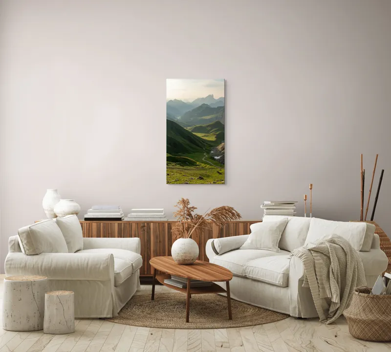 Tablou Canvas, "Poteca de vis printre munți verzi", Peisaj, Munți, Văi, Verdeață, Cărare, Cer, Liniște, Natură, Pitoresc, Magnific, Înălțimi, Umbre, 50 x 90 cm – poza 7