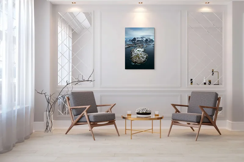 Tablou Canvas, "Tărâmul înghețat al insulelor nordice", Munti, Ocean, Insule, Zapada, Cer Innorat, Peisaj Nordic, Apa, Teren Accidentat, Case, Peisaj Izolat, 70 x 100 cm – poza 8