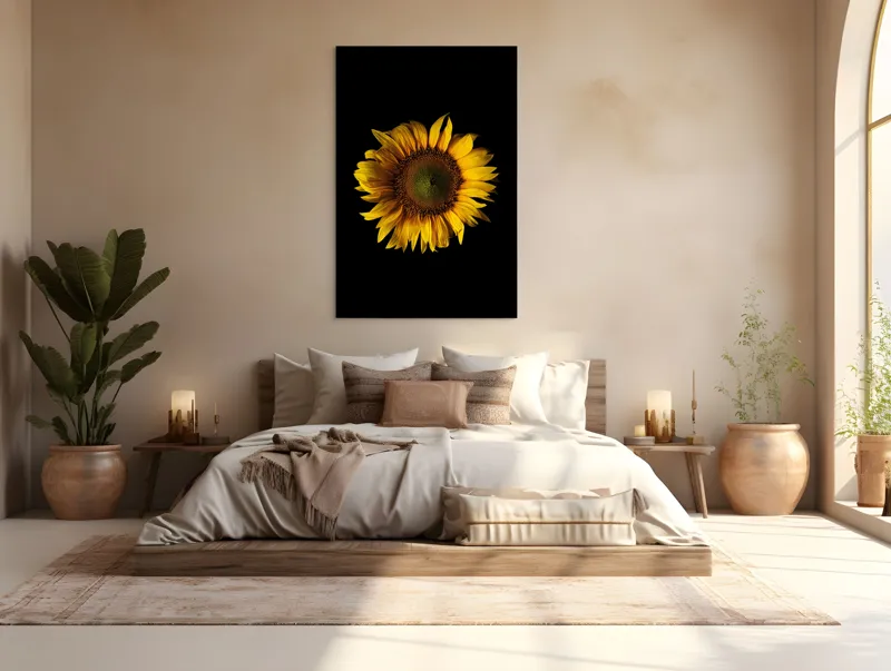 Tablou Canvas, "Floarea soarelui în întuneric total", Floare, Soare, Galben, Luminozitate, Simetrie, Natură, Contrast, Petale, Frumusețe, Simplificare, 100 x 150 cm – poza 3