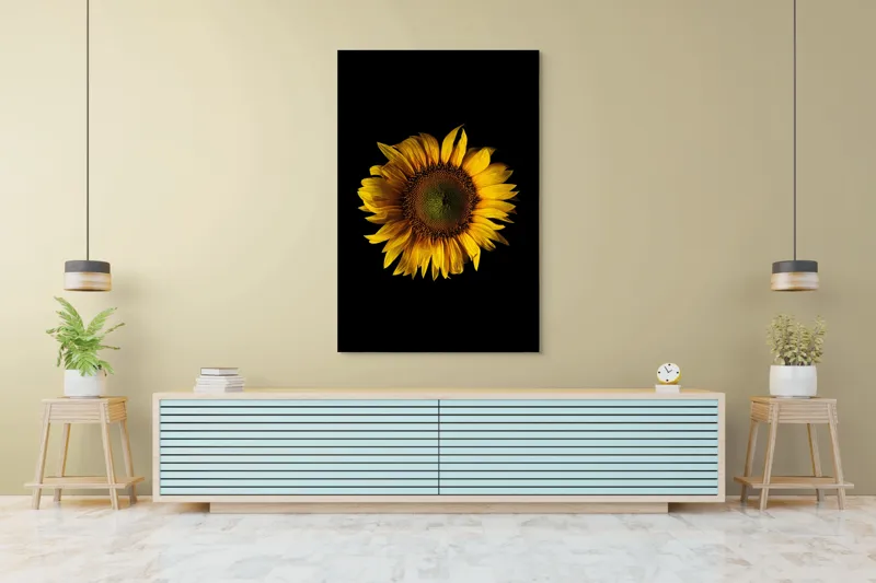 Tablou Canvas, "Floarea soarelui în întuneric total", Floare, Soare, Galben, Luminozitate, Simetrie, Natură, Contrast, Petale, Frumusețe, Simplificare, 100 x 150 cm – poza 4
