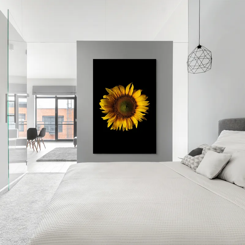 Tablou Canvas, "Floarea soarelui în întuneric total", Floare, Soare, Galben, Luminozitate, Simetrie, Natură, Contrast, Petale, Frumusețe, Simplificare, 100 x 150 cm – poza 5