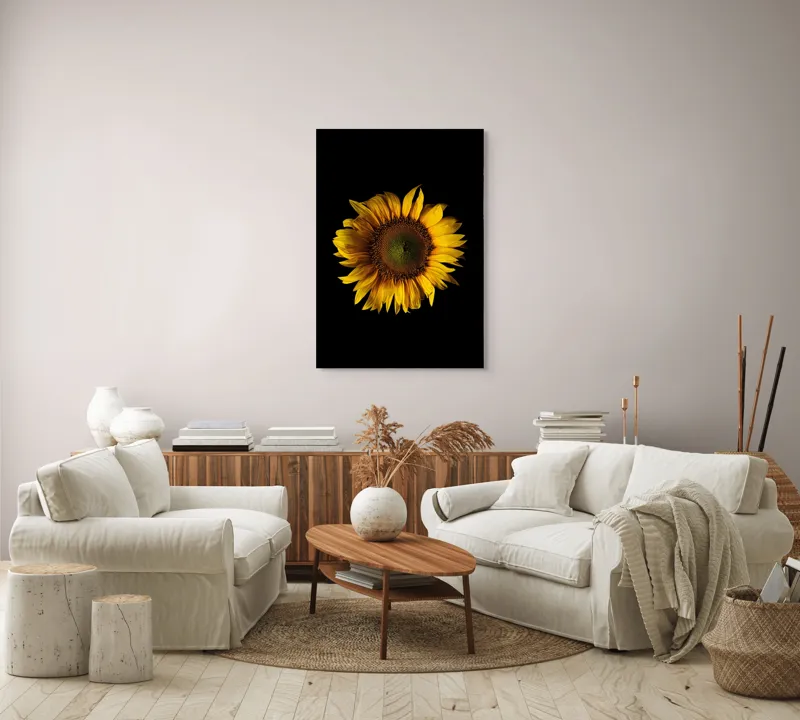 Tablou Canvas, "Floarea soarelui în întuneric total", Floare, Soare, Galben, Luminozitate, Simetrie, Natură, Contrast, Petale, Frumusețe, Simplificare, 70 x 100 cm – poza 4
