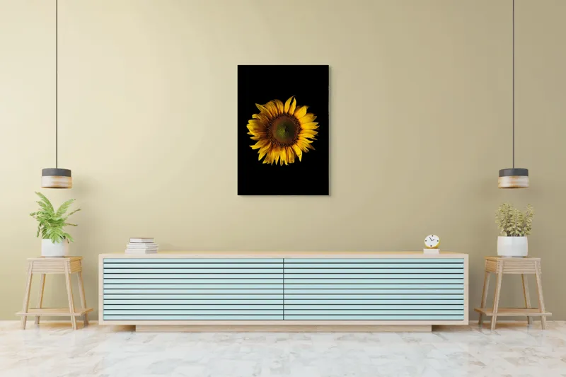 Tablou Canvas, "Floarea soarelui în întuneric total", Floare, Soare, Galben, Luminozitate, Simetrie, Natură, Contrast, Petale, Frumusețe, Simplificare, 70 x 100 cm – poza 5