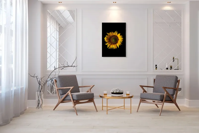 Tablou Canvas, "Floarea soarelui în întuneric total", Floare, Soare, Galben, Luminozitate, Simetrie, Natură, Contrast, Petale, Frumusețe, Simplificare, 70 x 100 cm – poza 8