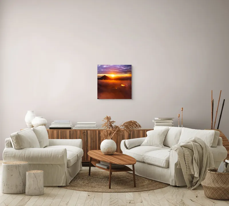Tablou Canvas, "Explorator în fața vulcanului activ", Serenitate, Vârf, Apus, Lavă, Fum, Cer, Siluetă, Măreție, Natură, Culoare, 50 x 50 cm – poza 7
