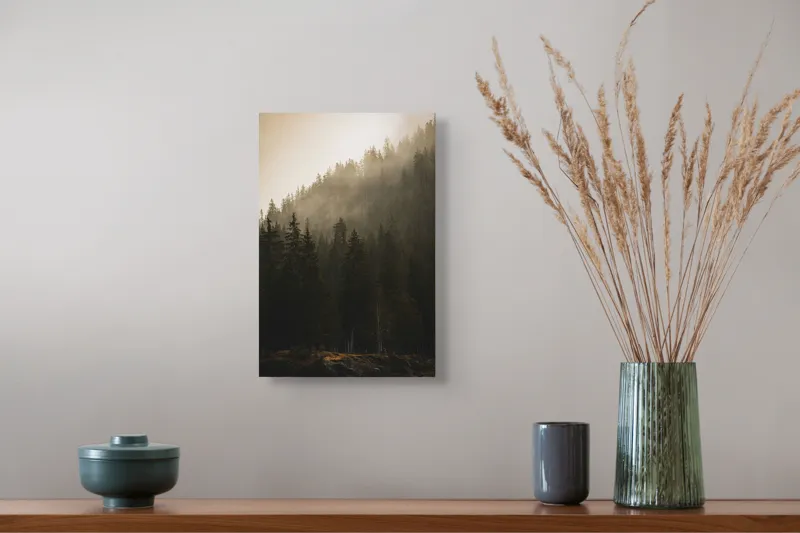 Tablou Canvas, "Ceața mistică printre brazi falnici", Pini, Ceață, Amurg, Natură, Mister, Siluete, Calm, Frumusețe, Pădure, Umbre, 26 x 39 cm – poza 5