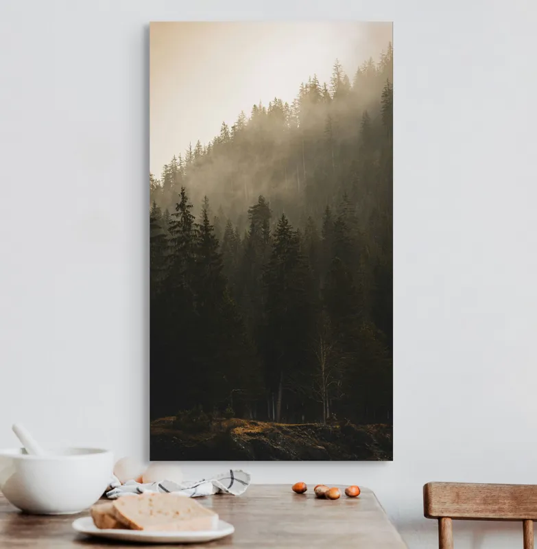 Tablou Canvas, "Ceața mistică printre brazi falnici", Pini, Ceață, Amurg, Natură, Mister, Siluete, Calm, Frumusețe, Pădure, Umbre, 50 x 90 cm – poza 3