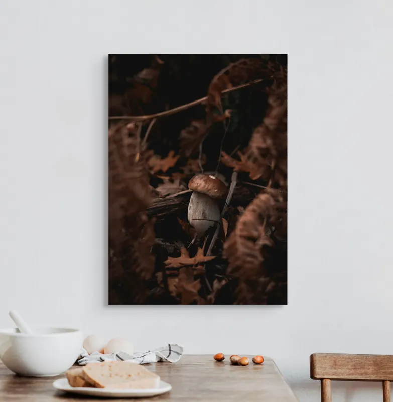 Tablou Canvas, "Ciupercă solitară între frunze uscate", Ciupercă, Natural, Pădure, Toamnă, Frunze, Misterios, Pământiu, Tainic, Liniște, Umbră, 50 x 70 cm – poza 3