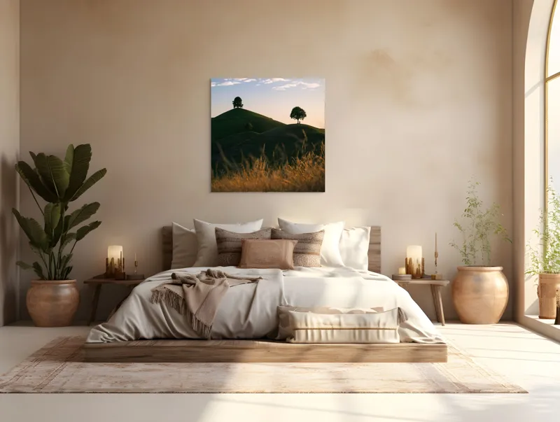 Tablou Canvas, "Dealuri mângâiate de lumină blândă", Apus, Dealuri, Solitar, Copaci, Peisaj, Calm, Natură, Siluetă, 100 x 100 cm – poza 4