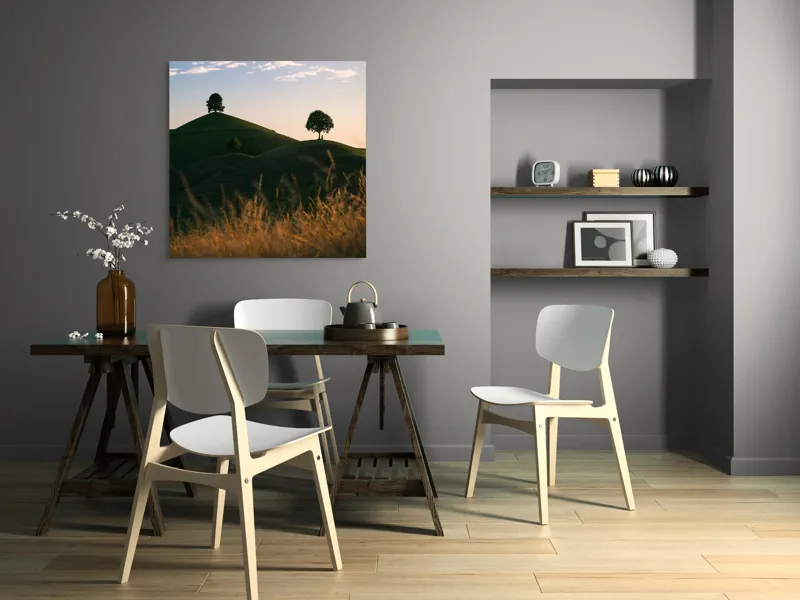 Tablou Canvas, "Dealuri mângâiate de lumină blândă", Apus, Dealuri, Solitar, Copaci, Peisaj, Calm, Natură, Siluetă, 100 x 100 cm – poza 6