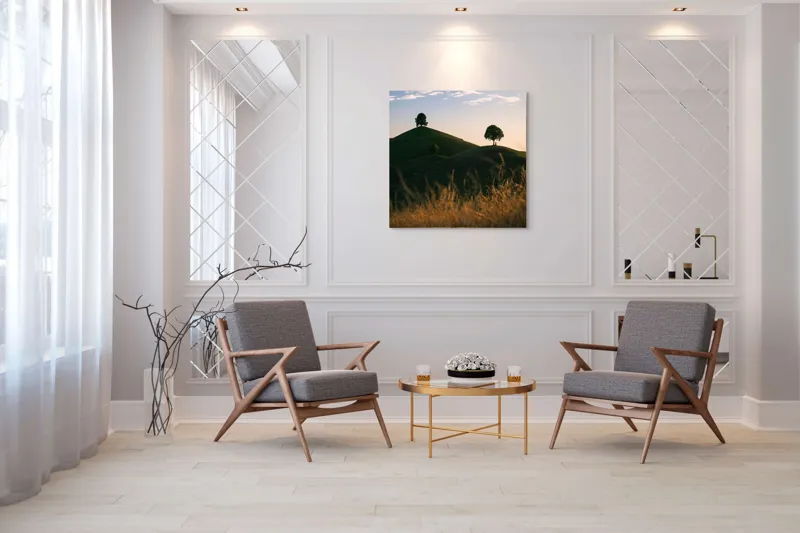 Tablou Canvas, "Dealuri mângâiate de lumină blândă", Apus, Dealuri, Solitar, Copaci, Peisaj, Calm, Natură, Siluetă, 100 x 100 cm – poza 7