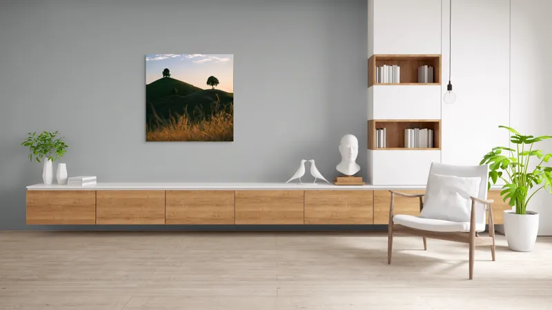 Tablou Canvas, "Dealuri mângâiate de lumină blândă", Apus, Dealuri, Solitar, Copaci, Peisaj, Calm, Natură, Siluetă, 100 x 100 cm – poza 8
