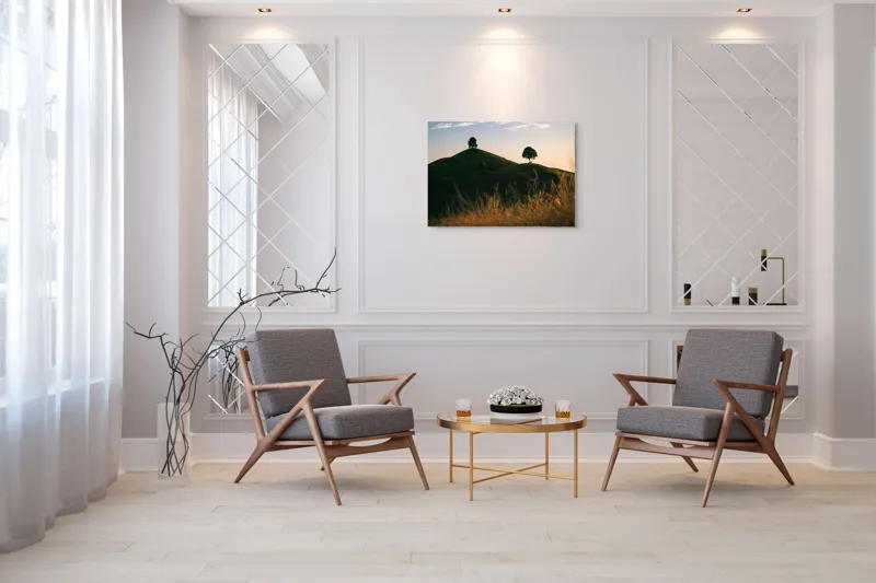 Tablou Canvas, "Dealuri mângâiate de lumină blândă", Apus, Dealuri, Solitar, Copaci, Peisaj, Calm, Natură, Siluetă, 100 x 70 cm – poza 5