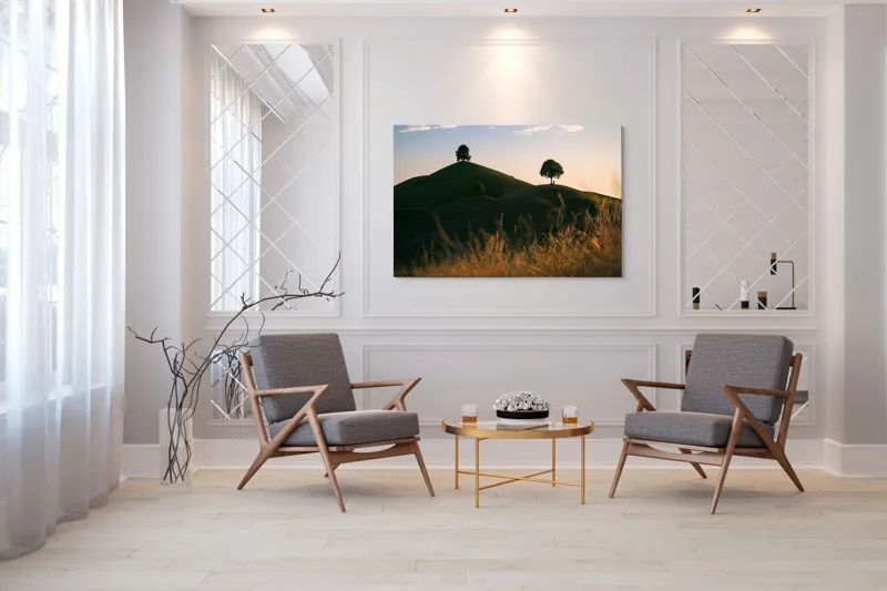 Tablou Canvas, "Dealuri mângâiate de lumină blândă", Apus, Dealuri, Solitar, Copaci, Peisaj, Calm, Natură, Siluetă, 150 x 100 cm – poza 7
