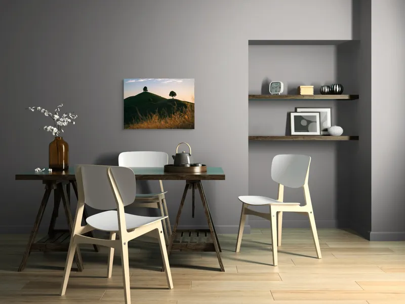 Tablou Canvas, "Dealuri mângâiate de lumină blândă", Apus, Dealuri, Solitar, Copaci, Peisaj, Calm, Natură, Siluetă, 70 x 50 cm – poza 5