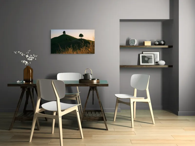 Tablou Canvas, "Dealuri mângâiate de lumină blândă", Apus, Dealuri, Solitar, Copaci, Peisaj, Calm, Natură, Siluetă, 90 x 50 cm – poza 3
