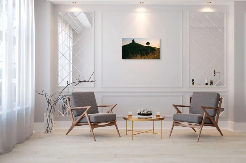 Tablou Canvas, "Dealuri mângâiate de lumină blândă", Apus, Dealuri, Solitar, Copaci, Peisaj, Calm, Natură, Siluetă, 90 x 50 cm – poza 7