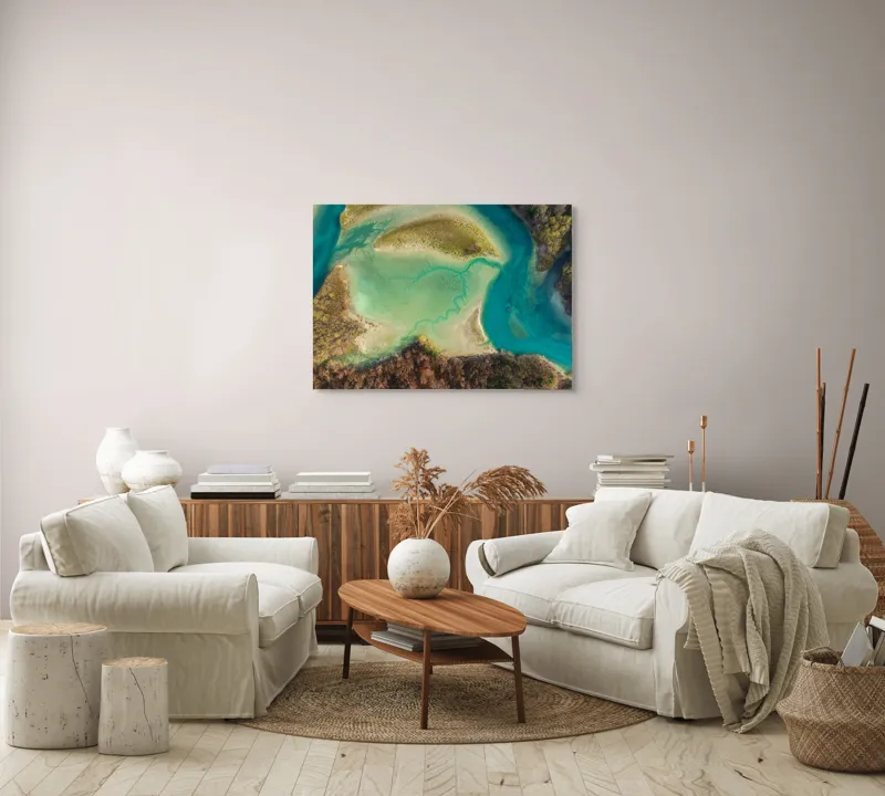 Tablou Canvas, "Labirint de culori în natură serenă", Apa, Culori, Insule, Vegetație, Forme, Natură, Peisaj, Contrast, Texturi, Fluiditate., 100 x 70 cm – poza 3