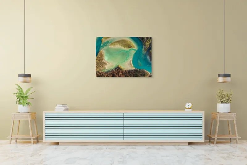 Tablou Canvas, "Labirint de culori în natură serenă", Apa, Culori, Insule, Vegetație, Forme, Natură, Peisaj, Contrast, Texturi, Fluiditate., 100 x 70 cm – poza 4