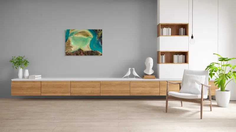 Tablou Canvas, "Labirint de culori în natură serenă", Apa, Culori, Insule, Vegetație, Forme, Natură, Peisaj, Contrast, Texturi, Fluiditate., 100 x 70 cm – poza 6