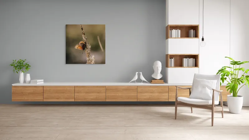 Tablou Canvas, "Fluture pe spicul de grâu uscat", Fluture, Aripi, Portocaliu, Negru, Frumusețe, Natură, Delicatețe, Grație, Fragilitate, 100 x 100 cm – poza 8