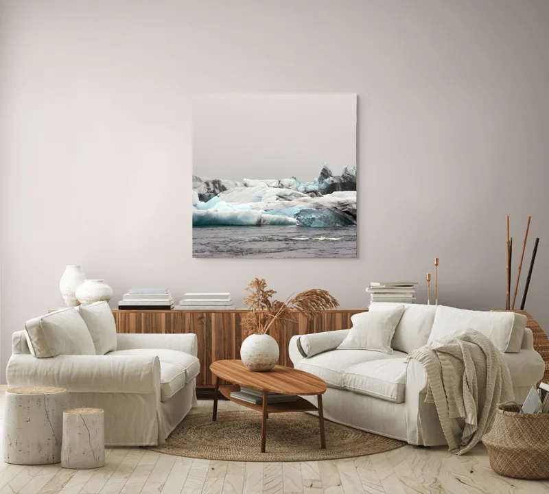 Tablou Canvas, "Gheața albastră sub cer gri", Gheață, Ocean, Frig, Ceață, Albastru, Natură, Peisaj, Pustiu, 100 x 100 cm – poza 3