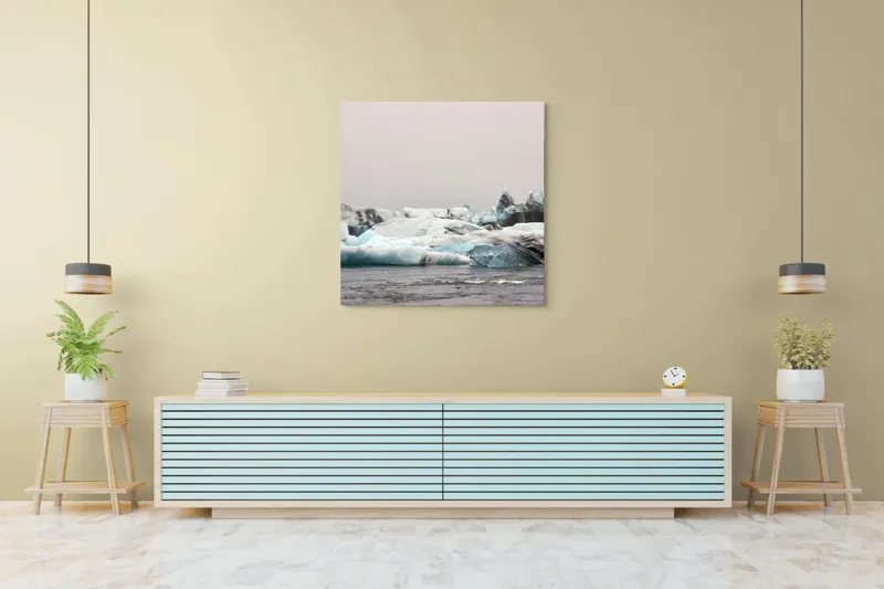 Tablou Canvas, "Gheața albastră sub cer gri", Gheață, Ocean, Frig, Ceață, Albastru, Natură, Peisaj, Pustiu, 100 x 100 cm – poza 5