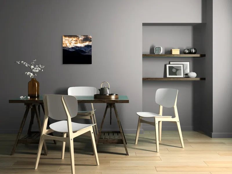 Tablou Canvas, "Răsărit peste munții înzăpeziți ai dimineții", Nori, Munți, Apus, Siluetă, Cer, Zăpadă, Peisaj, Umbre, Lumină, Vârfuri, 50 x 50 cm – poza 8