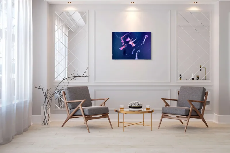 Tablou Canvas, "Dansul grațios al meduzelor colorate", Jeleuri, Strălucire, Acvatic, Fascinație, Albastru, Mister, Mișcare, Grație, Înflorire, Ocean., 100 x 70 cm – poza 5