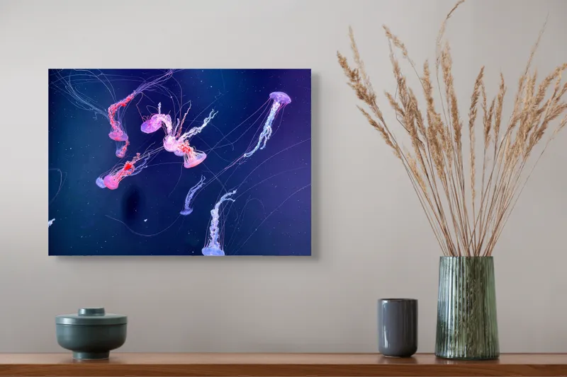 Tablou Canvas, "Dansul grațios al meduzelor colorate", Jeleuri, Strălucire, Acvatic, Fascinație, Albastru, Mister, Mișcare, Grație, Înflorire, Ocean., 54 x 39 cm – poza 4
